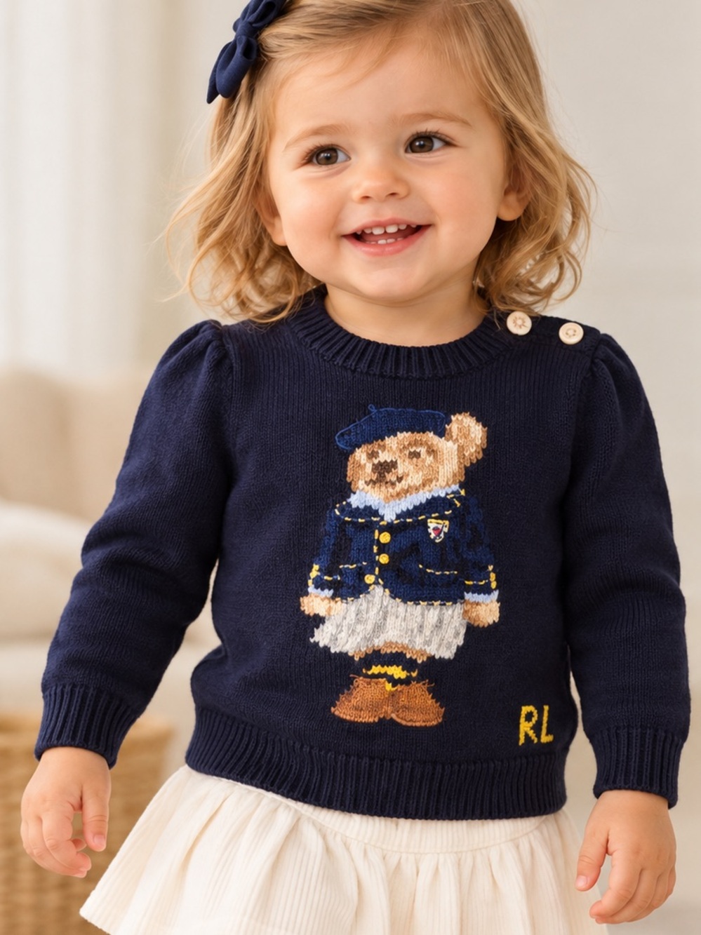 Cotton Ralph Lauren Kids Navy Polo Bear Knit Sweater